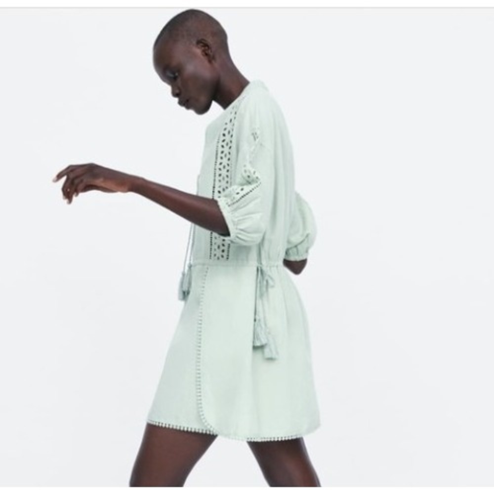 ZARA Sage Green Embroidered Tassel Tie Neck Mini Dress Tunic Top M Coastal Beach